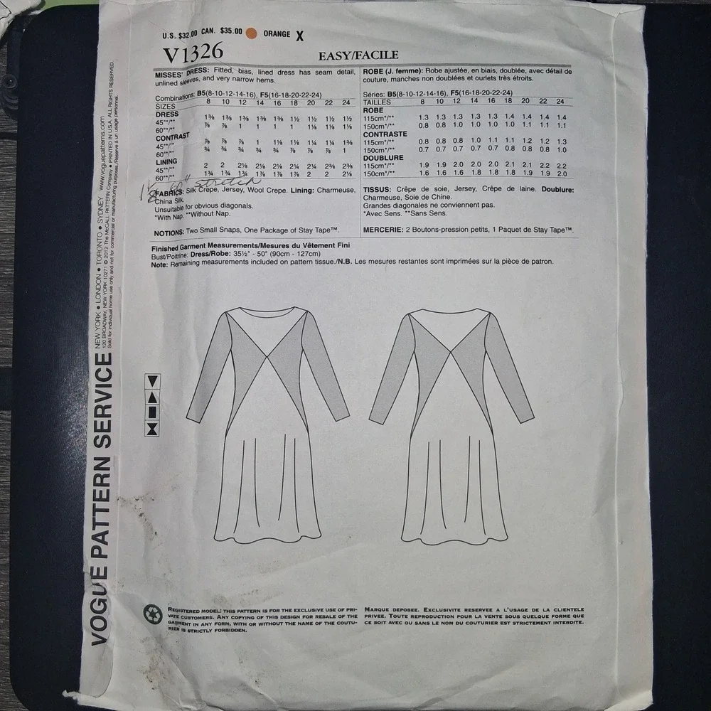 Tom and Linda Platt Vogue Sewing Pattern V1326 Misses Dress‎ Cut to 16